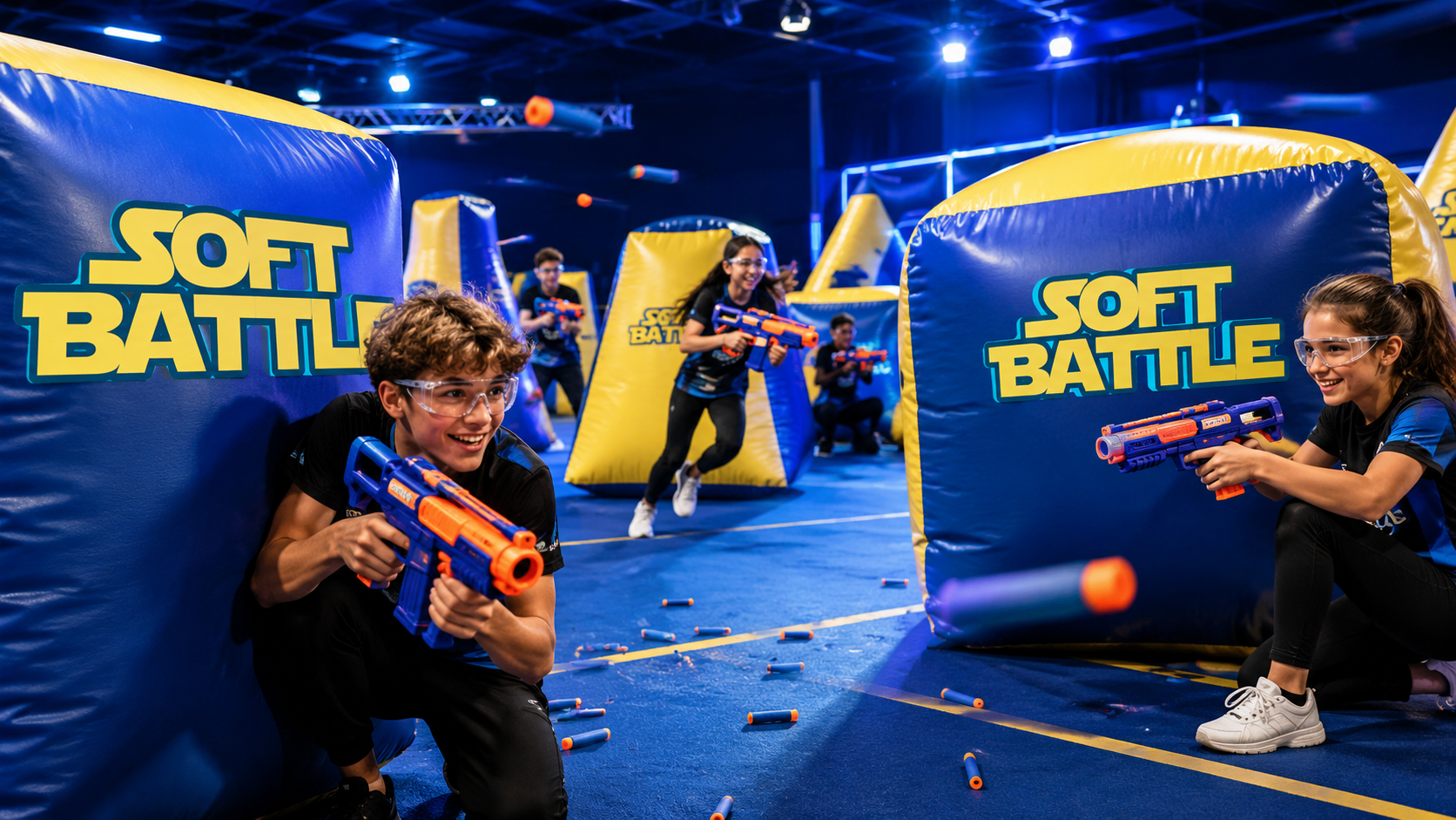 Soft Battle-spelare i action med blasters